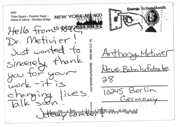 Lambert postcard testimonial for Anthony Metivier and Magnetic Memory Method