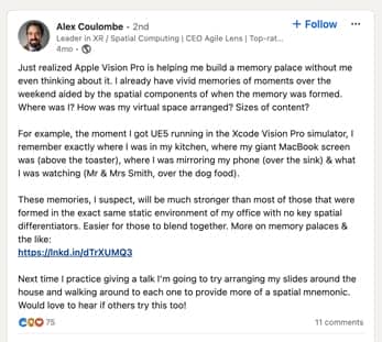 Alex Coulombe Apple Vision Pro LinkedIn Post comparing using the device to the Memory Palace technique