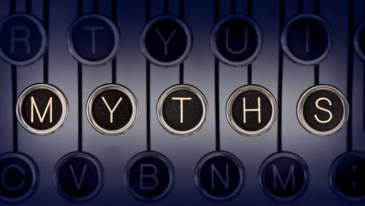 Image of a typewriter with keys spelling "myths"