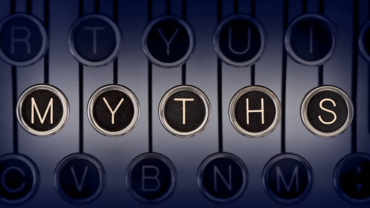 Image of a typewriter with keys spelling "myths"
