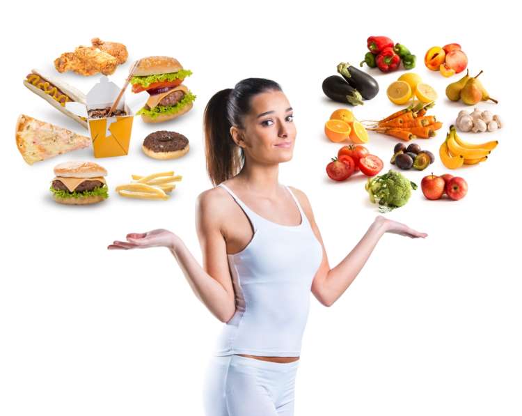 Image of a woman choosing between junk food and a memory boosting diet