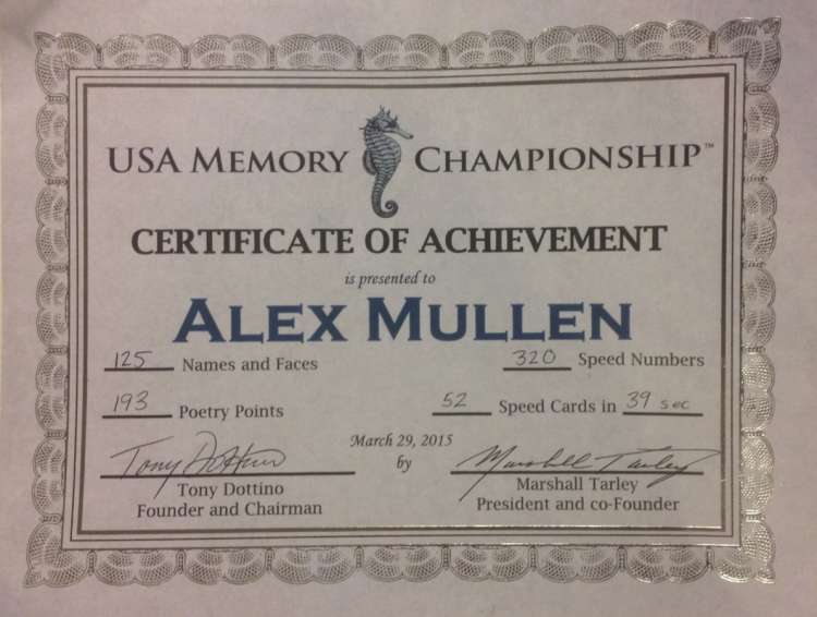 Alex Mullen's USA Memory Championship Certificate of Achievement