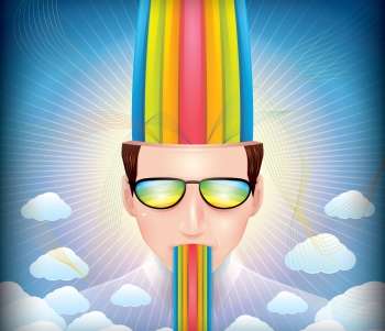 Image of a man with rainbow passing through his head to illustrate a concept related to adult coloring books