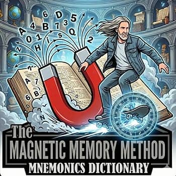 Mnemonics dictionary feature image a cartoon of Anthony Metivier skateboarding through a library with a large open dictionary and the front of the skateboard bursting through a Memory Wheel