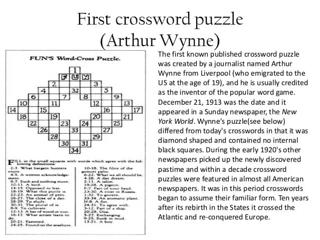 the first crossword puzzle by Arthur Wynne