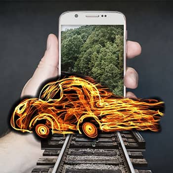 Image of a car blazing across train tracks to express a concept related to memory retention