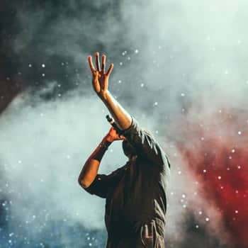 A singer on stage, singing a memorized song.