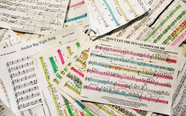A pile of highlighted sheet music; a tactic for learning how to remember a song.