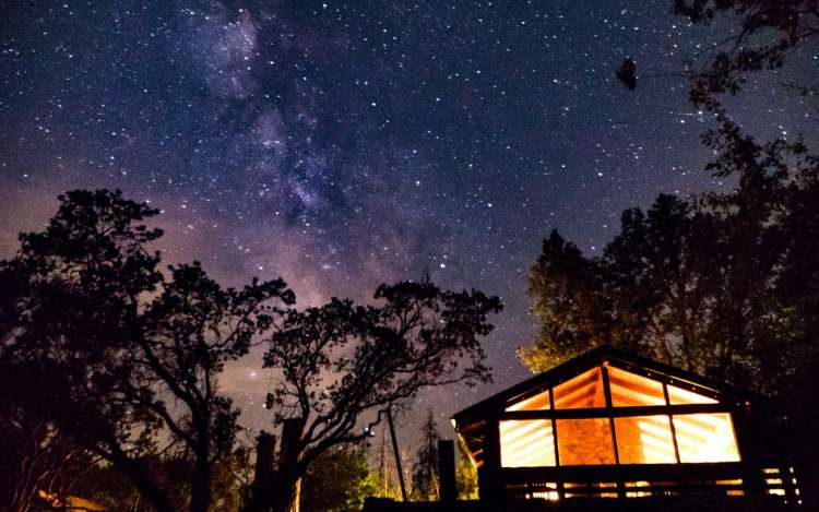 A house lit up at night with a background of trees and stars.