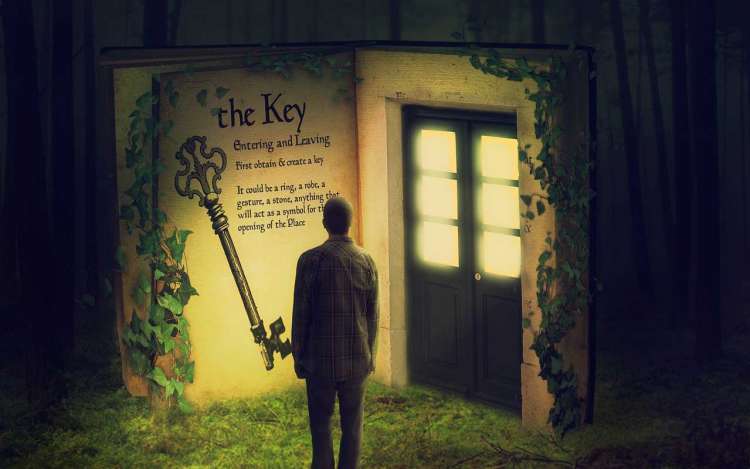 An illustration of a man standing at a doorway looking at a key, like the visuals you can use to learn how to memorize lyrics.
