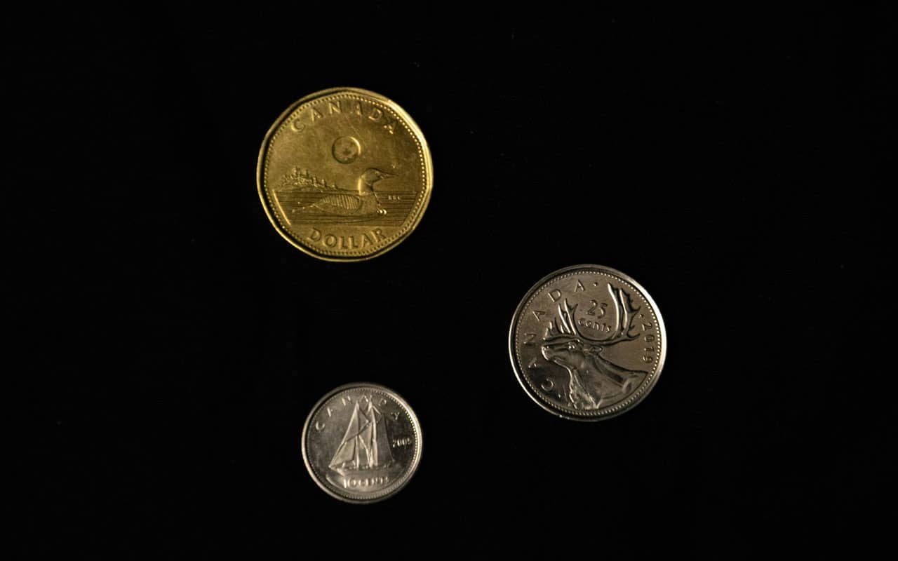 Three Canadian coins against a black background.
