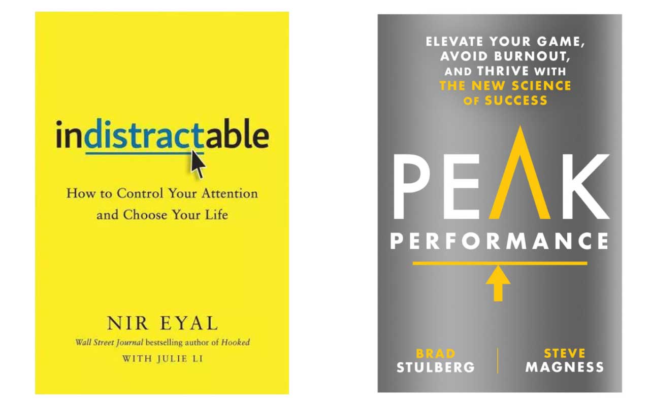 Book covers of Indistractable and Peak Performance.