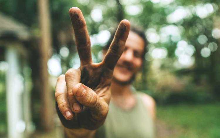 A person holds up a "peace" sign, with their pointer and middle fingers raised.