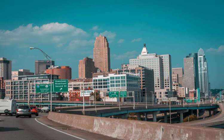 A photo taken from the interstate heading into downtown Cincinnati, Ohio. Novel experiences like driving through a new city for the first time may be helpful to develop memory strategies.