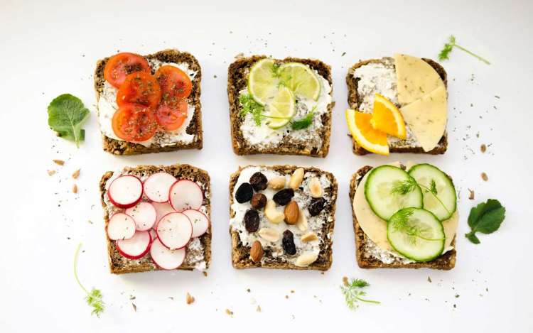 Six open-faced sandwiches with different toppings, including tomato, cheese, and cucumber. Your shopping list is a time when you might need to memorize a list of random words.