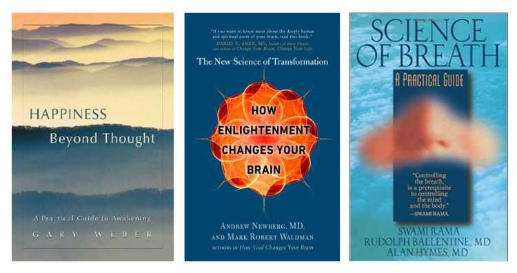 Book covers for Happiness Beyond Thought, How Enlightenment Changes Your Brain, and Science of Breath.
