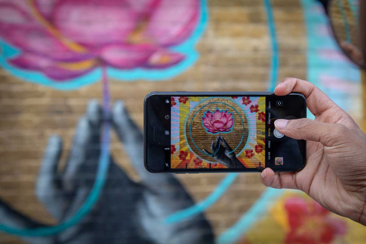 A person holds up a phone to take a picture of a lotus flower mural painted on a wall.