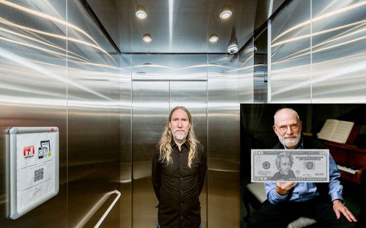 Anthony in an elevator with Oliver Sacks, who is holding a $20 bill.