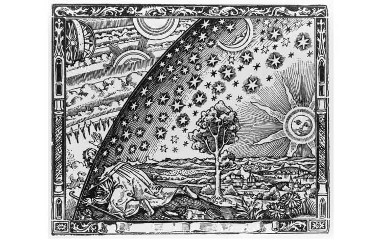A Flammarion woodcut of Giordano Bruno looking out beyond the known solar system. Bruno likely didn't have trouble with how to remember the planets.