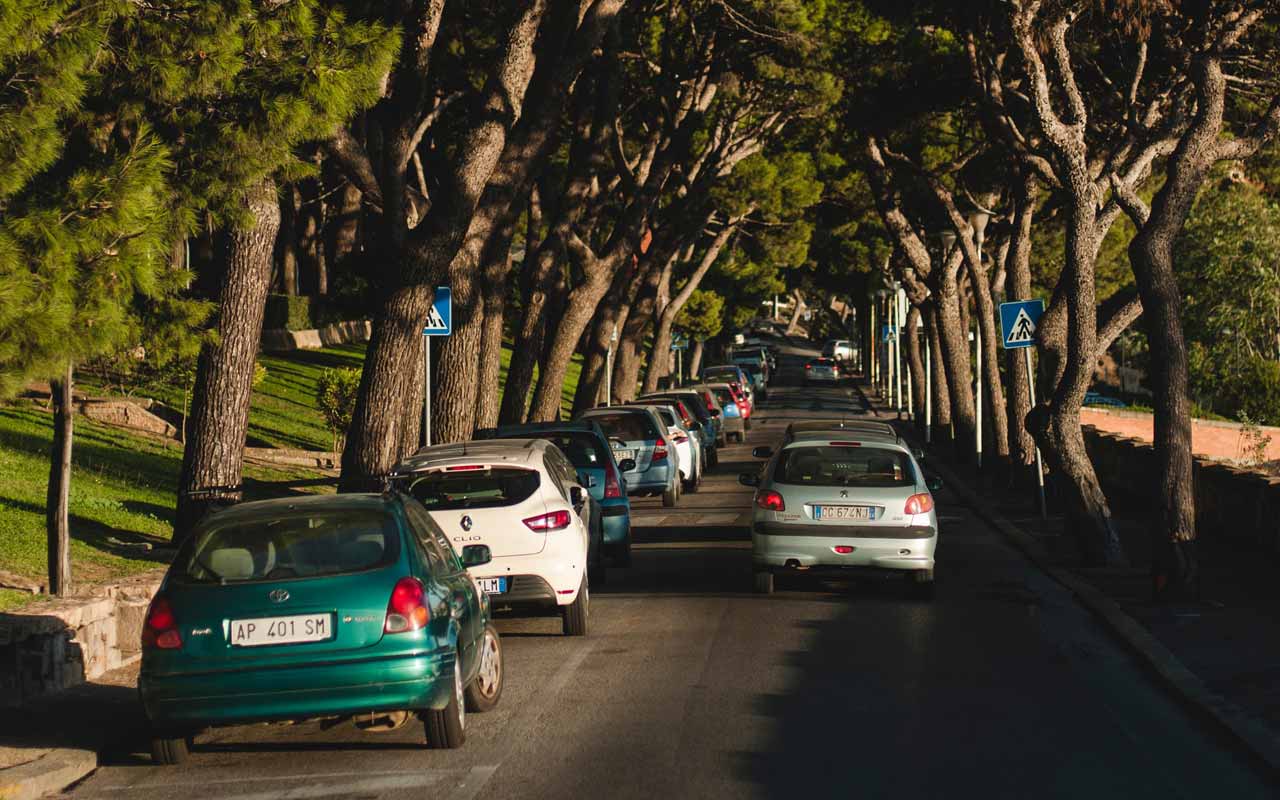 Cars parked along a tree-lined street.
