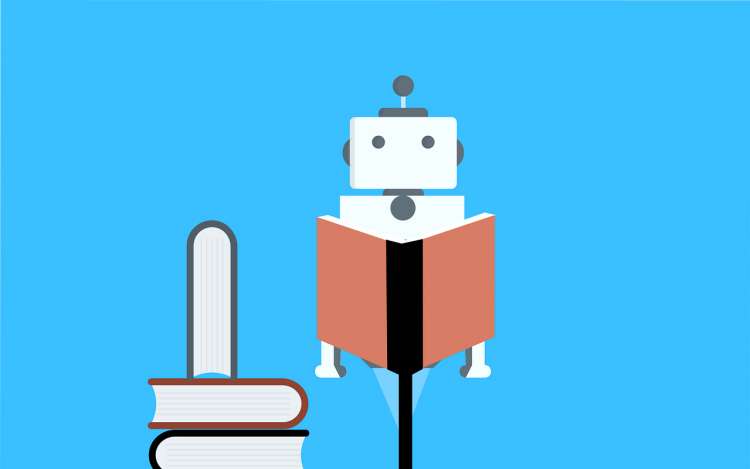 a robot is reading books