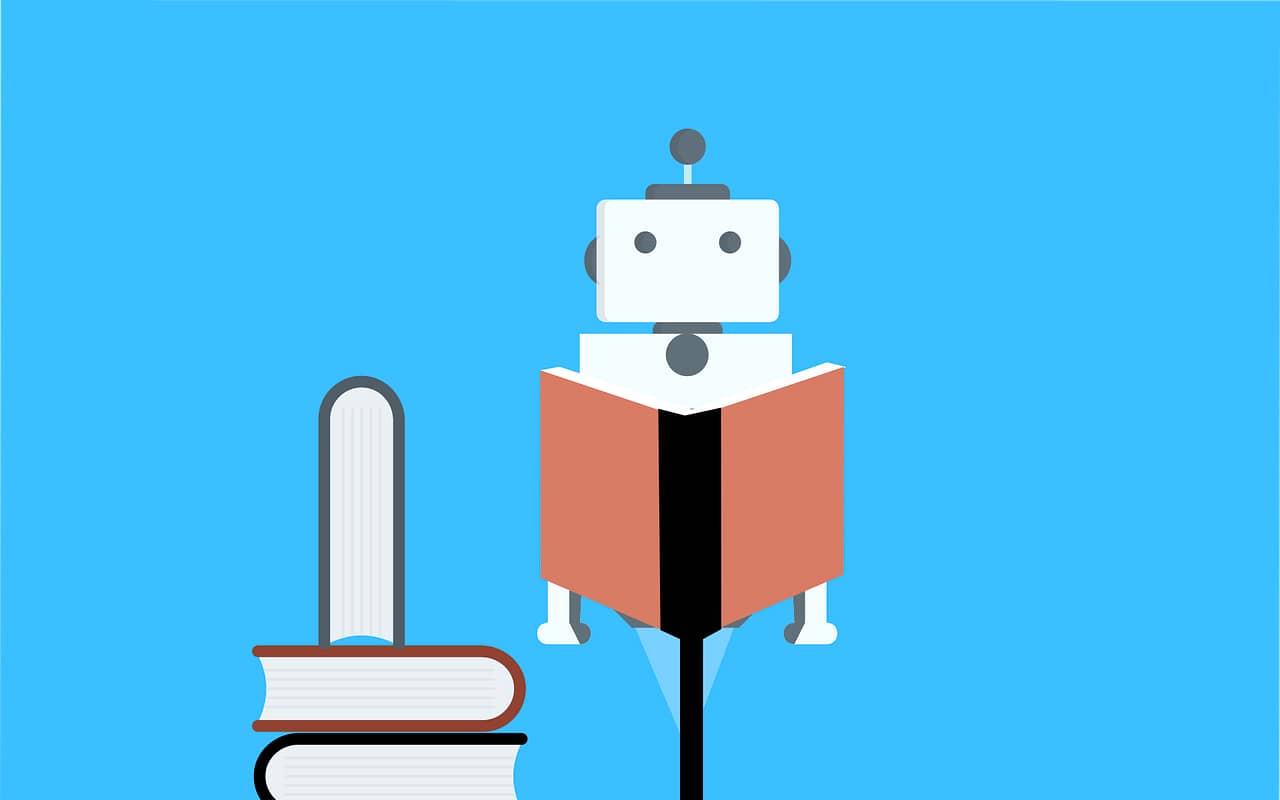 a robot is reading books