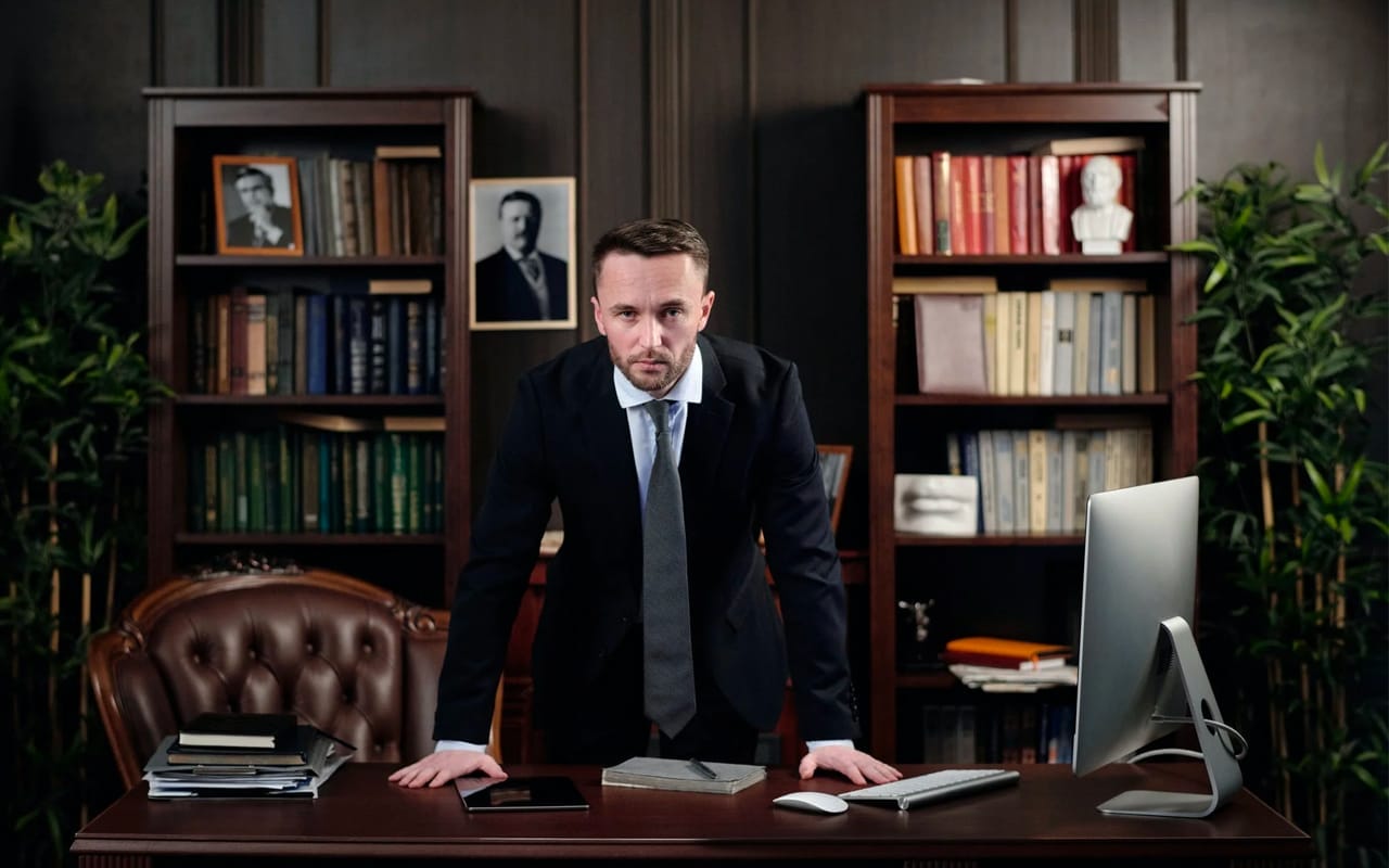 a man put his hands on a desk