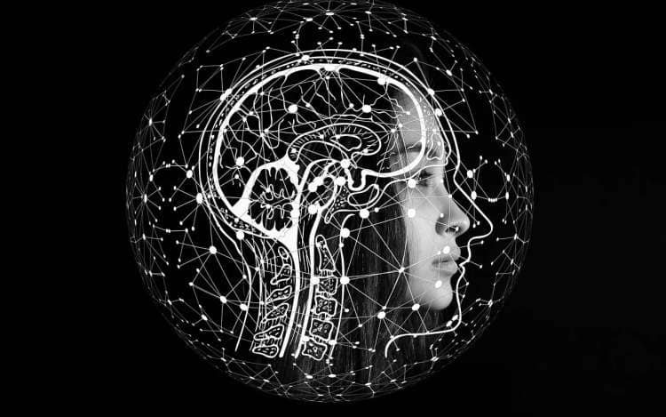 black and white brain with a background of a woman