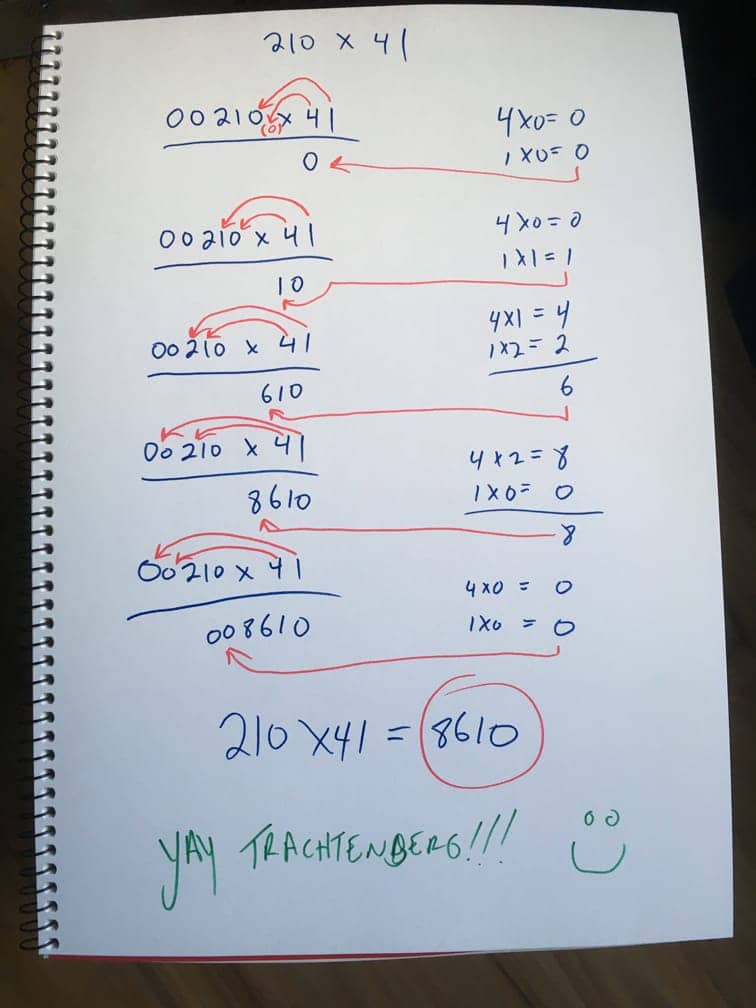 Visual Example of the Trachtenberg Method drawn out on paper for a multiplication problem