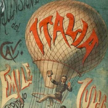 Italian phrases feature image of a balloon with the word Italia on it from a Jules Verne translation into Italian