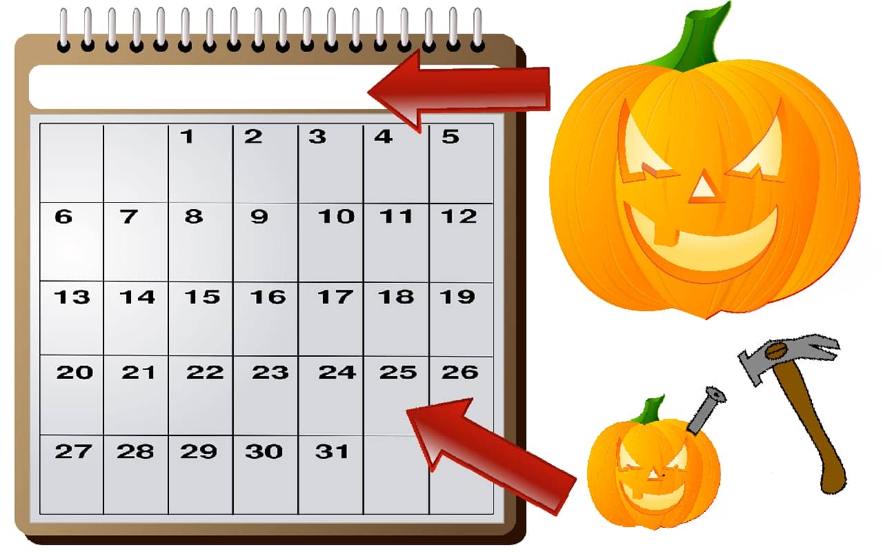 Mnemonic calendar example for October 25th with a pumpkin and nail for the mnemonic images